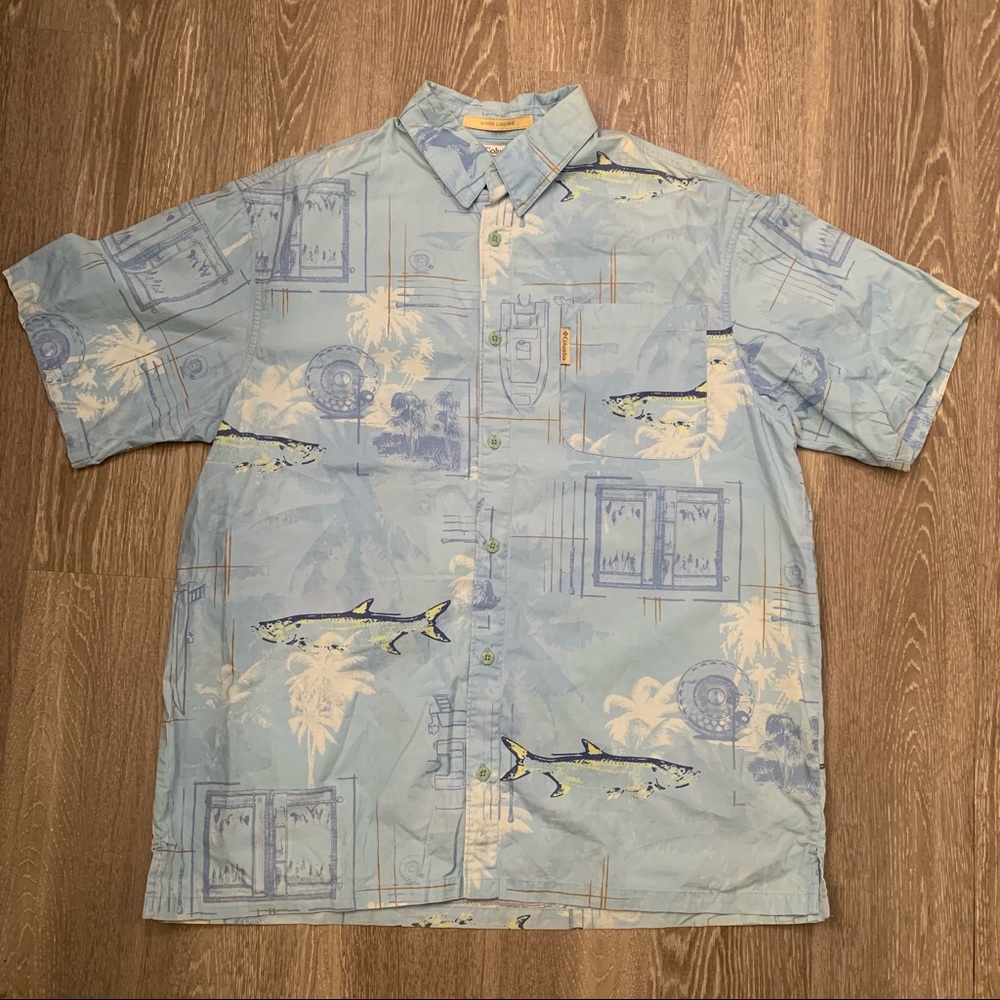 Columbia PFG Fish & Palm Trees Print River Lodge Shirt Men's Size Large